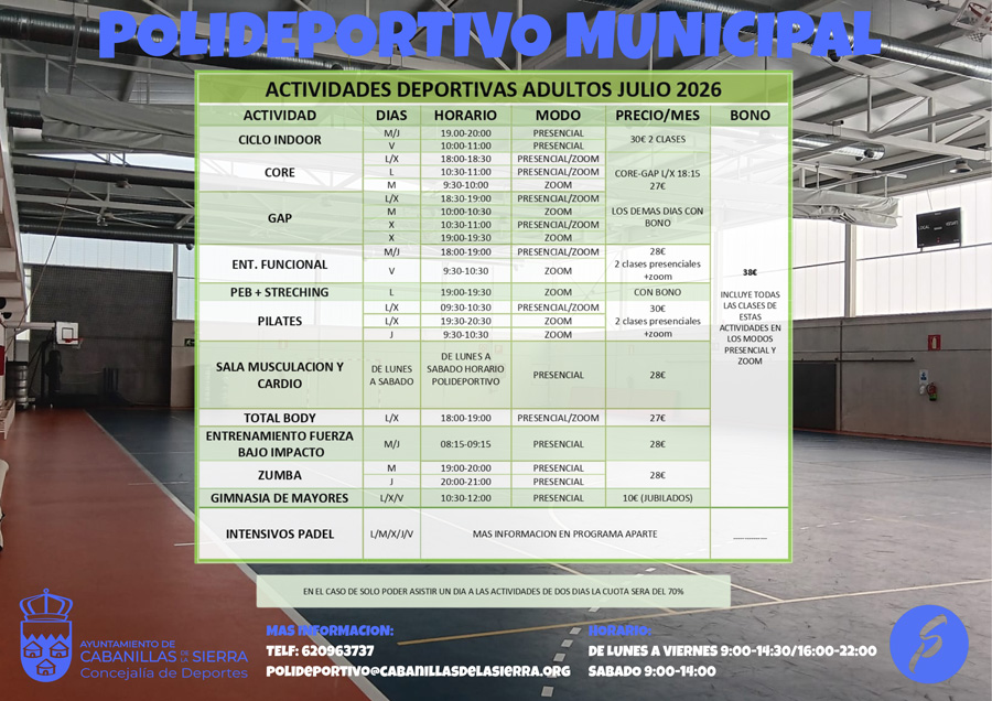 horarios y precios actividades adulto