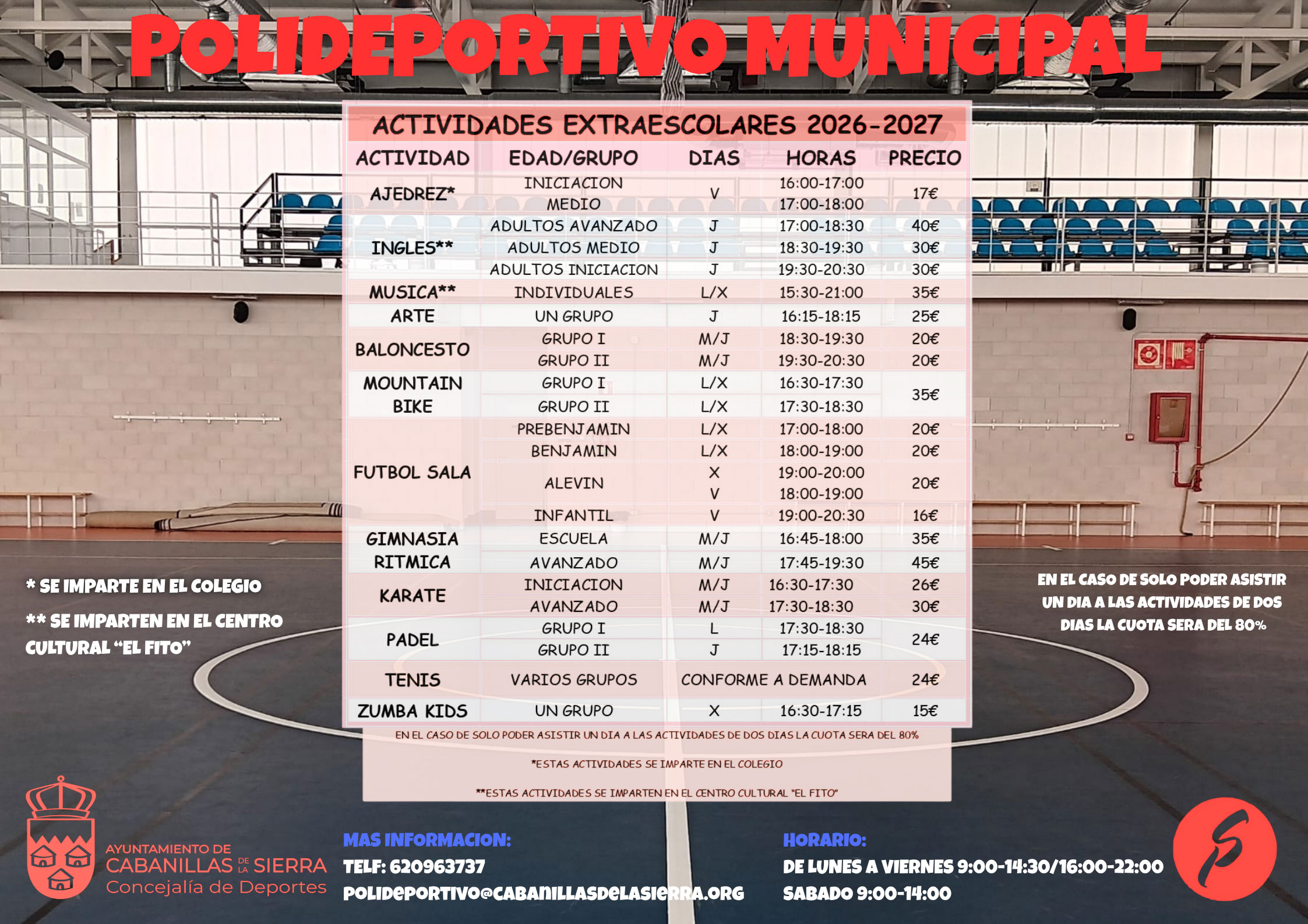 HORARIOS Y PRECIOS DE ACTIVIDADES EXTRAESCOLARES 2026 27