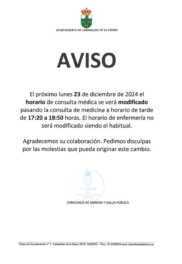 Aviso cambio horario consulta