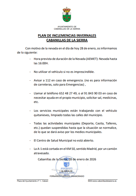 Plan inclemencias invernales enero 26