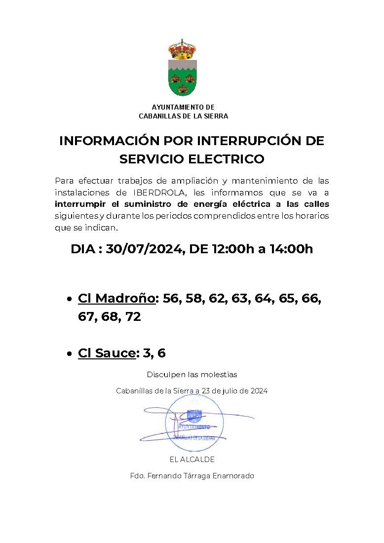 INFORMACION INTERRUPCIÓN SERVICIO ELECTRICO