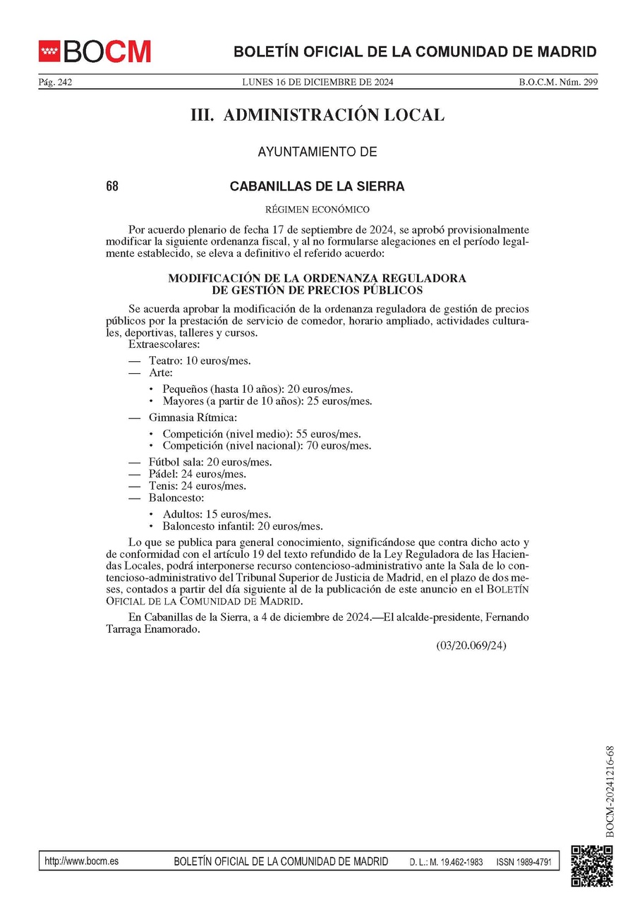 Modificación ordenanza precios públicos