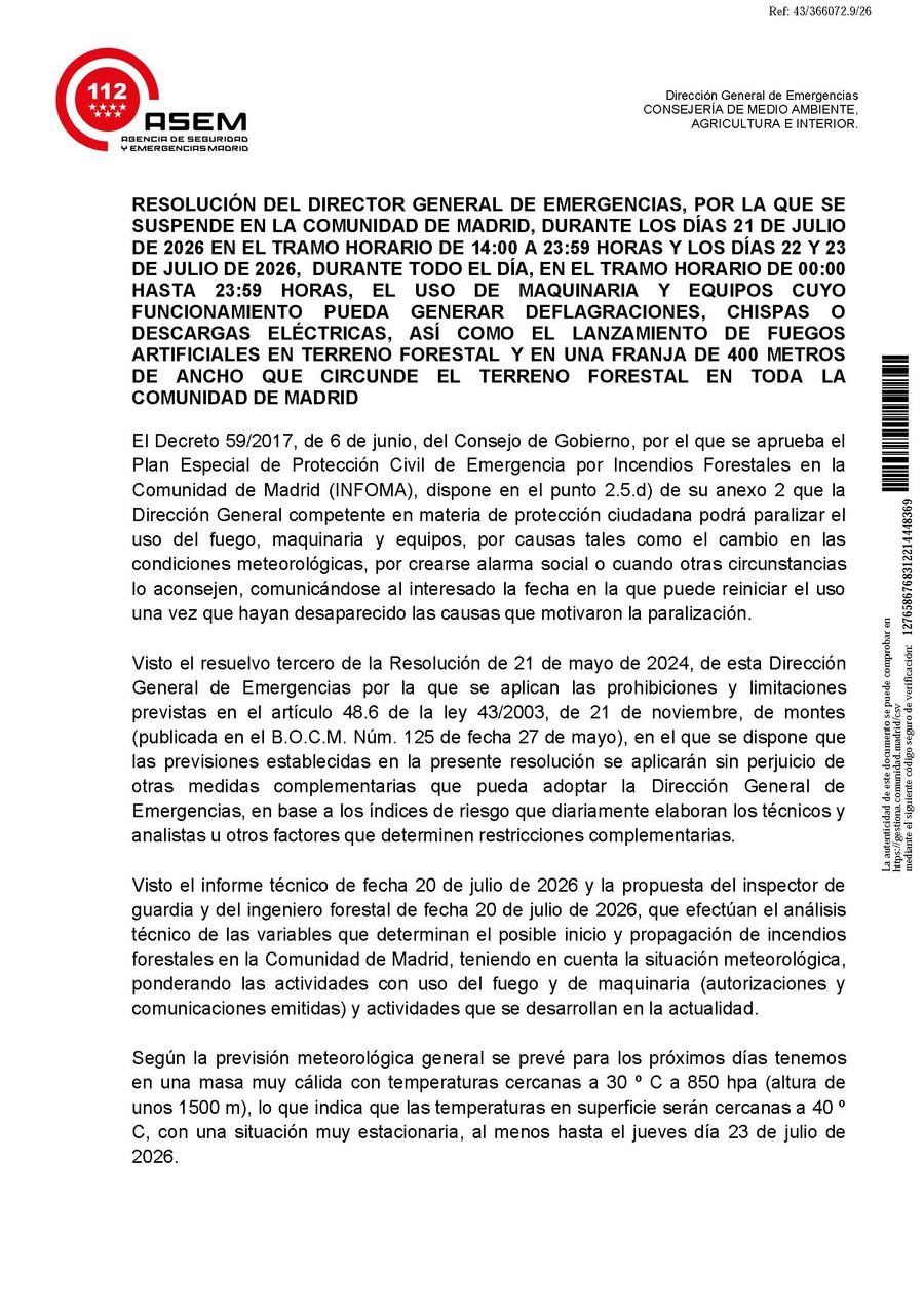 Resolución del D.G. de emergencias por la que se suspende el uso de maquinaria, uso de fuego y fuegos artificiales en terreno forestal