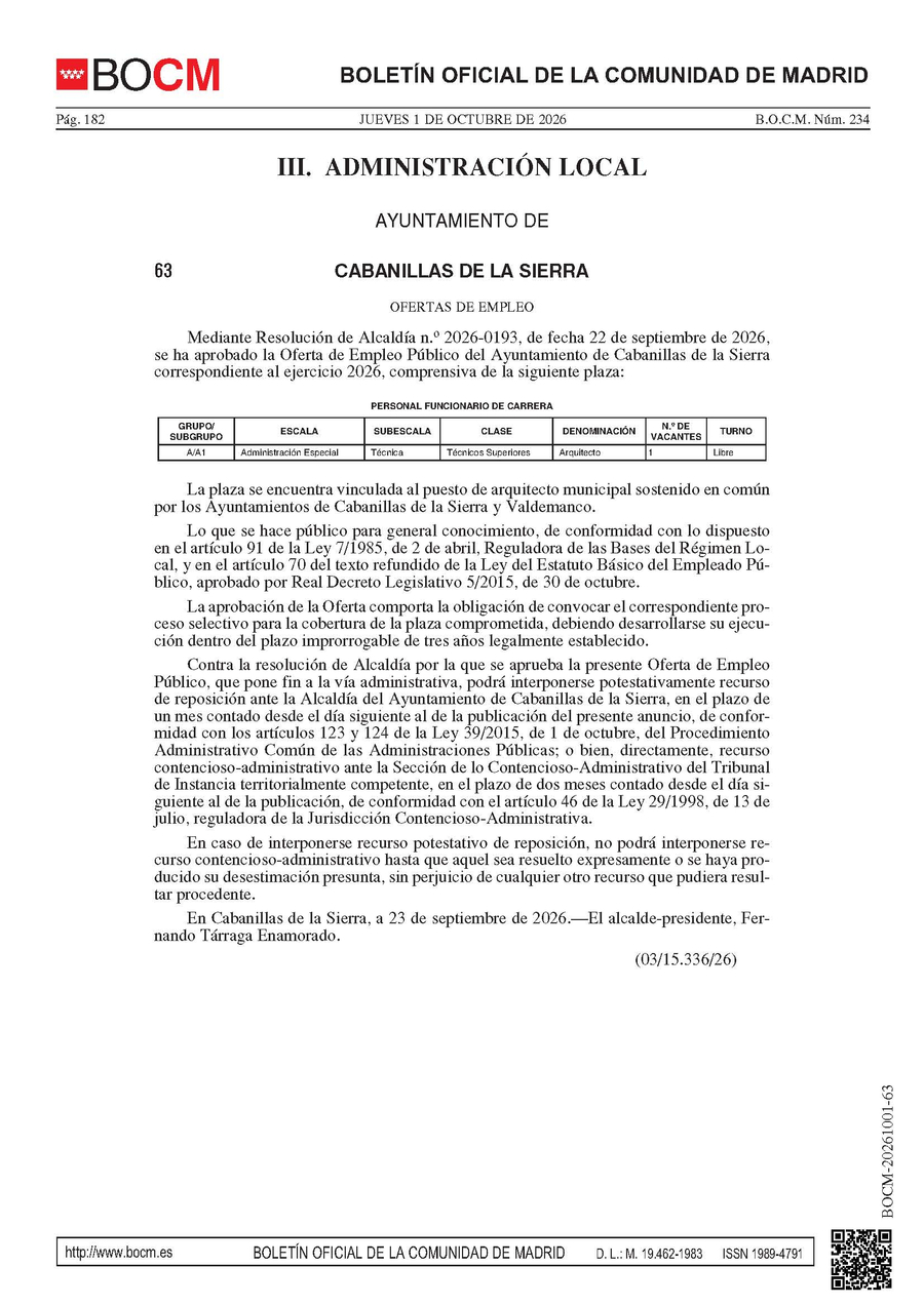 Oferta de Empleo Público del Ayuntamiento de Cabanillas de la Sierra, una plaza de arquitecto municipal